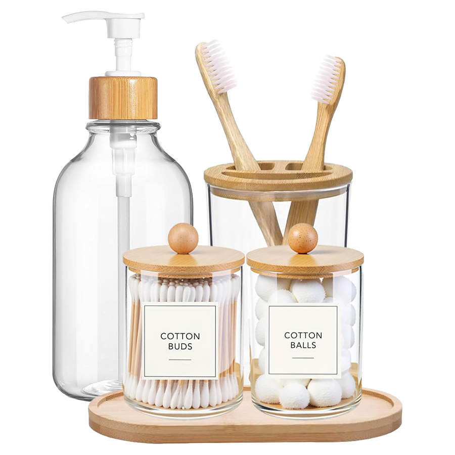 Zara Home Bathroom Set - 5er-Pack Badezimmerzubehör-Set aus Bambus mit Tablett