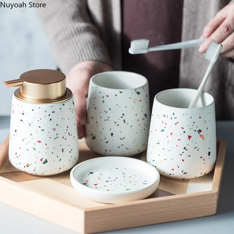 Zara Home Bathroom Set - Europäisches Badezimmer-Dekoration-Set, Terrazzo-Keramik, Emulsion flasche, Gurgel