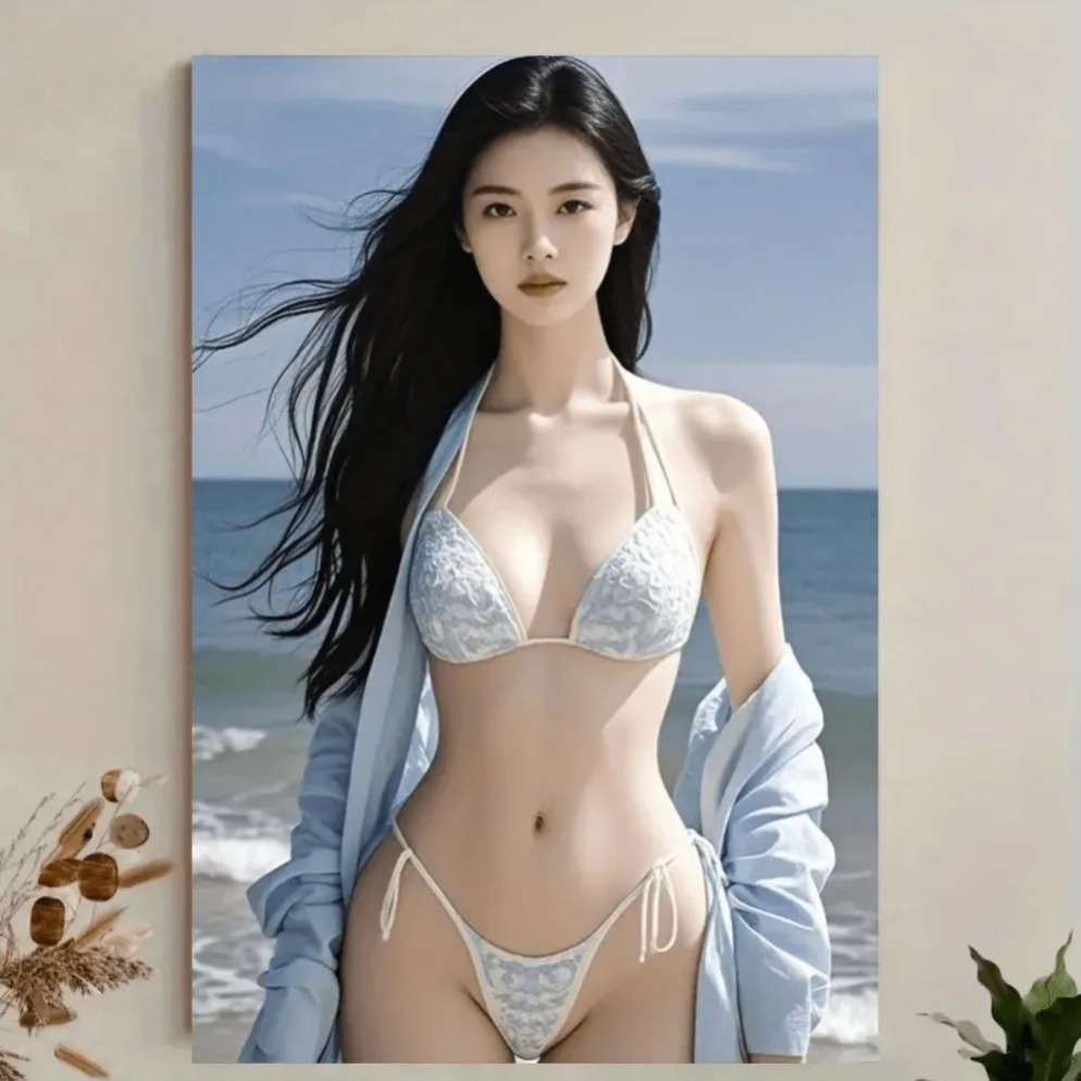 Home Bathroom Scene - Strand-Wandkunst für Wohnzimmer, blaue Bikini-Ozeanszene, elegante