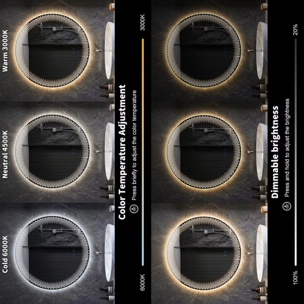 Bathroom Mirror Led - Runder LED-Badezimmerspiegel mit 3 Farbtemperaturen, Antibeschlag-Funktion,