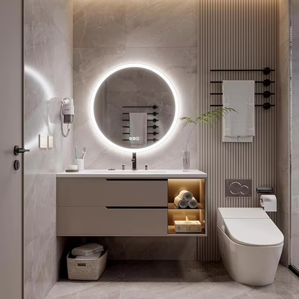 Bathroom Mirror Led - Moderner 20-Zoll Runder Aluminium-LED-Smart-Badezimmerspiegel mit Antibeschlag-Funktion,