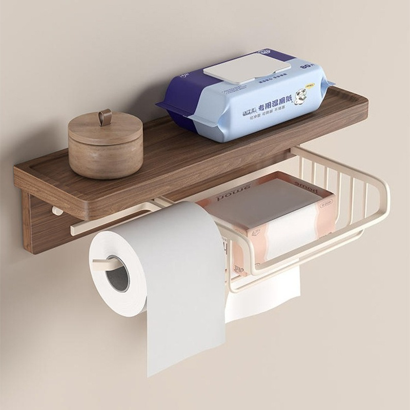 Toilet Paper Holder - Walnuss-Wandhalterung für Toilettenpapier, bohrfreie Toilettenpapierhalterung, multifunktionales