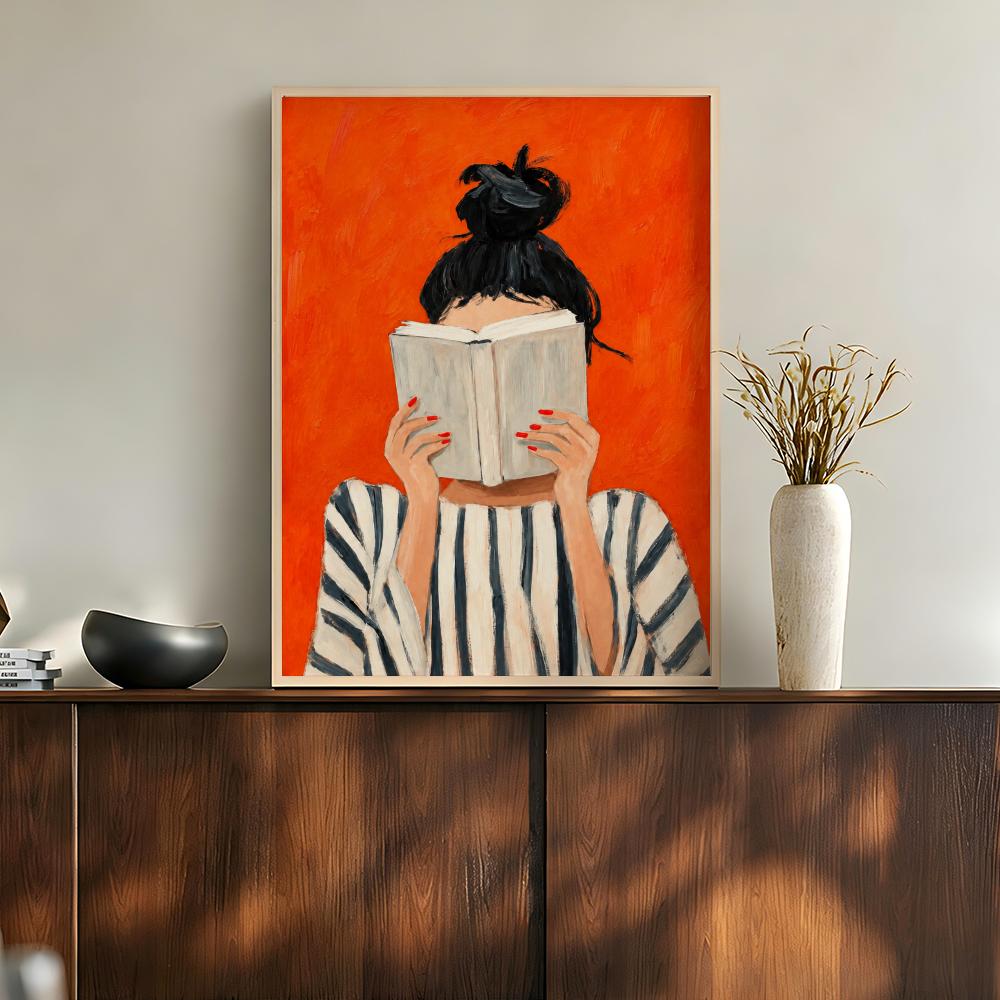 Home Bathroom Scene - Orangefarbenes Gemütliches Frauen-Lesen-Kaffee-Blumen-Lifestyle-Szenen-Poster Moderne Ästhetische Wandkunst