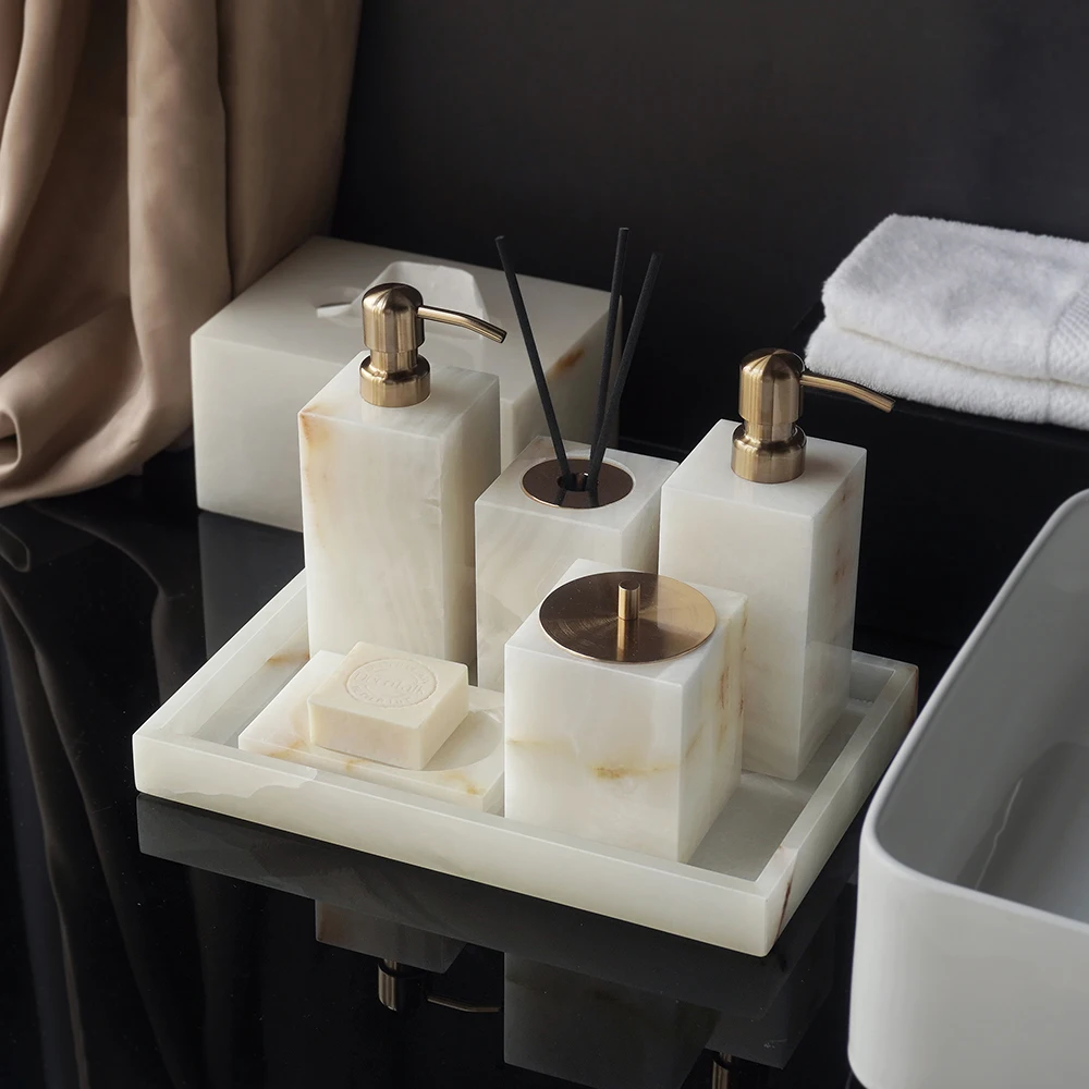 Zara Home Bathroom Set - Weißer Onyx Naturmarmor Badezimmer-Accessoires-Set Eleganter Seifenspender