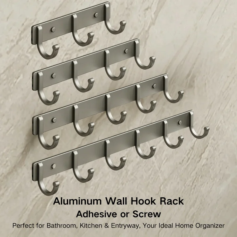 Home Bathroom Organizer - Aluminium-Wandhakenleiste – bohrfreie Klebe-/Schraubmontage, Grau, 3-6