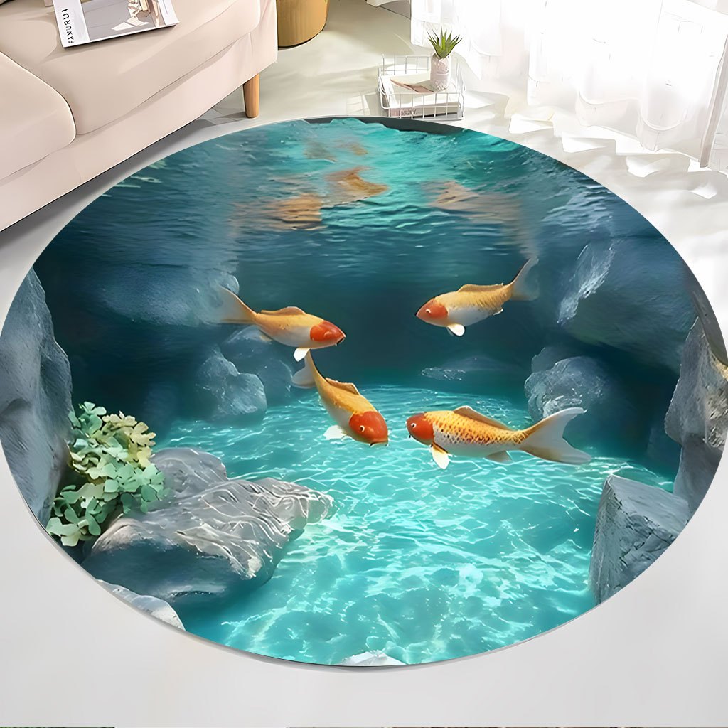 Home Bathroom Scene - Koi-Fischteich Runder Teppich aus Fleece mit