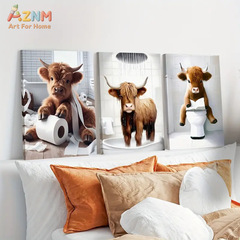 Home Bathroom Scene - AZNM Lustiges Highland-Kuh-Badezimmer-Leinwandbild, Niedlicher Rinder-Toiletten-Duschszene-Druck, Humorvolle