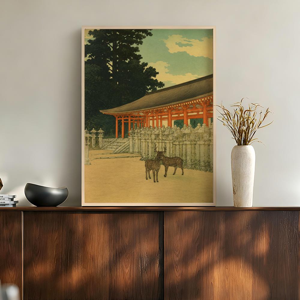 Home Bathroom Scene - Vintage Japanische Tempel, Pagoden, Landschaft, Holzschnitt-Szenen,